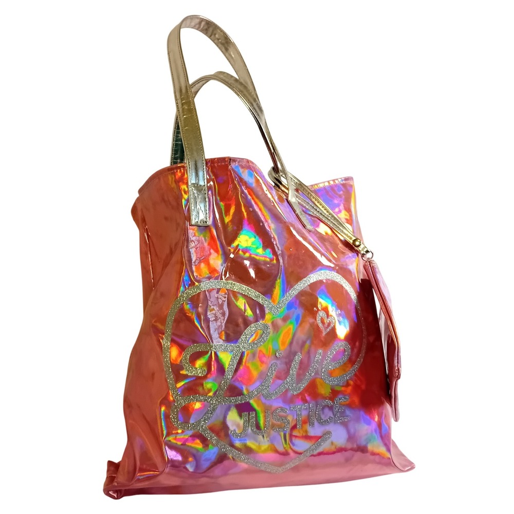 Justice Girls Iridescent‎ Holographic Heart Glitter Tote Bag Wristlet Girly READ